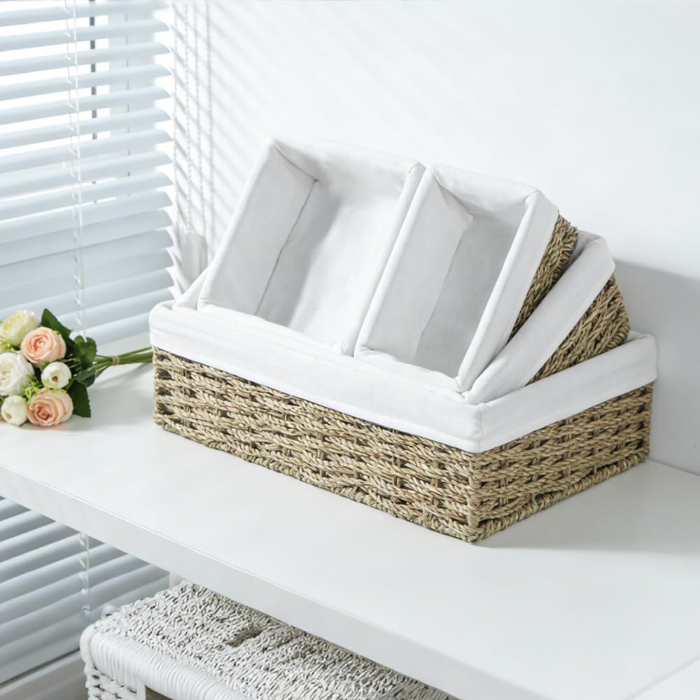 Water Hyacinth Shelf Baskets 4-Pack, Handwoven Wicker Bins with Removable Linen Liners – Divided Upper Compartment & Open Handles, Stackable for Pantry Bathroom Closet