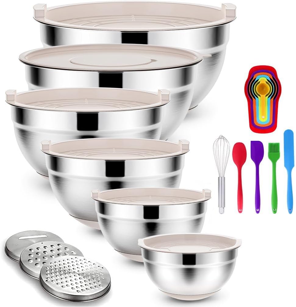 Rottay Mixing Bowls with Airtight Lids, 20PCS Stainless Steel Mixing Bowl Set, Nesting Bowls with 3 Grater Attachments & Non-Slip Bottoms, Size7, 4, 3, 2, 1.5, 1QT Bowls for Baking&Prepping