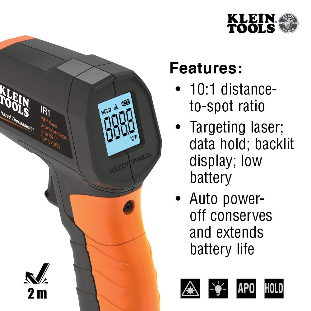 Klein Tools IR1 Infrared Thermometer with Targeting Laser, Auto-Hold, More