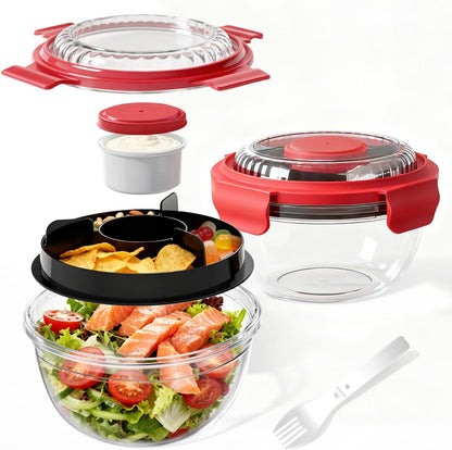 WHALEHOUSE Clear Eco-friendly SK chemicals ECOZEN Salad Container, 33OZ Portable Plastic Salad Bowls with Lid & Snack Tray, Leak-Proof Dressing Container, Reusable Fork, Lunch Box for Meal Prep (Pink)