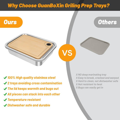Grilling Prep and Serve Trays, Set of 5 Stackable Stainless Steel BBQ Trays with Lid & Cutting Board & Silicone Mat, Deep Marinating Container, Serving Platter for Plating Food, Large BBQ Prep Tub