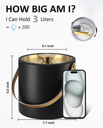 Bakpoco Insulated Ice Bucket with Silicone Lid, Scoop, Tongs & Strainer, 3L Stainless Steel Double Wall Ice Buckets for Parties & Cocktail Bar, Champagne Ice Bucket with Lid for Freezer, Ivory