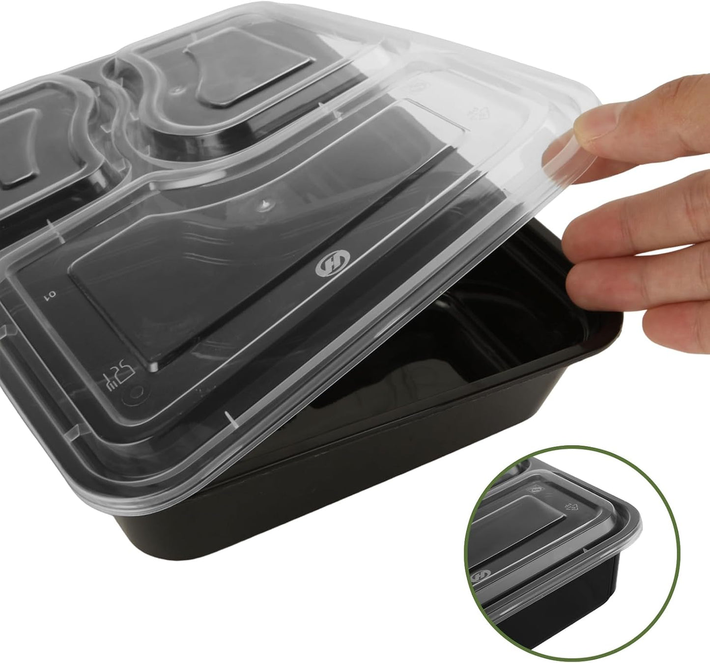 YOUNTHYE 50PCS Disposable Meal Prep Containers 3 Compartment Food Prep Containers with Lids 30oz Plastic Bento Box Lunch Containers Stackable Meal Prep Containers Bulk for Microwave, Freezer Safe