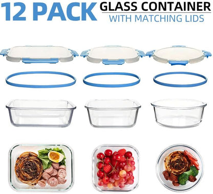 12 Pack Glass Storage Containers Transparent, Stackable Design Meal Prep Containers for Food Storage, Home, Kitchen & Pantry Organization, Microwave/Freezer/Dishwasher Safe