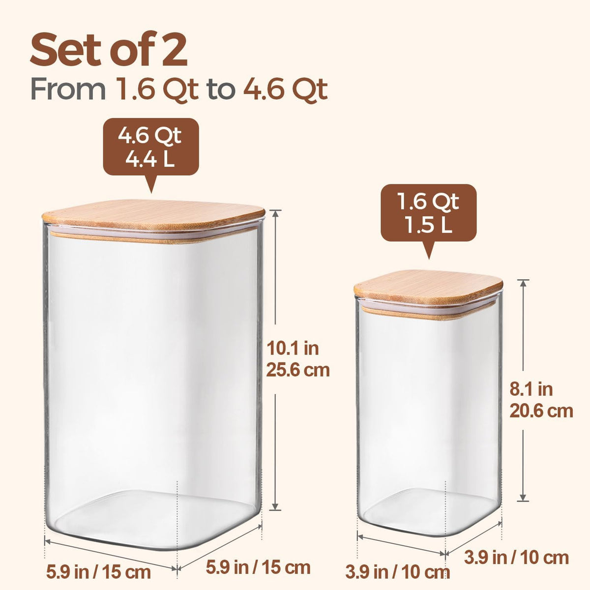 ComSaf Glass Storage Jars with Bamboo Lids 4.6 Qt 2 Pack Large Wide Mouth | Pantry organization, Flour Sugar Coffee Beans, Pasta Cereal Dry Food, 1.2 Gallon, Cabinet Organization, Dry Food Storage