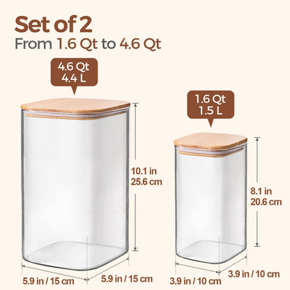 ComSaf Glass Storage Jars with Bamboo Lids 4.6 Qt 2 Pack Large Wide Mouth | Pantry organization, Flour Sugar Coffee Beans, Pasta Cereal Dry Food, 1.2 Gallon, Cabinet Organization, Dry Food Storage