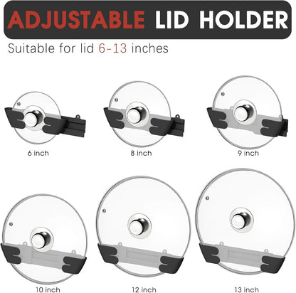 Adjustable Universal Pot Lid Holder Organizer for Cabinet - Upgraded Patented Pan Lids Organizers Inside Door Wall Mount Pots Top Rack for Kitchen Cupboard Fit 6" to 13" (Black)