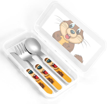 3-Piece Kids Silverware Set With Storage Case, Stainless Steel Reusable Children Safe Knife Spoon Fork Set Cartoon Animated Beaver Children Flatware Set For Kids Lunch Box