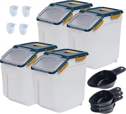 AnRui Airtight Flour Storage Container 25lb, Plastic Grain Storage Bucket, Rice Cereal Dispenser Organizer Box with Lid, Cat Dog Food Storage Bin with Measuring Cup, Scoop, Wheels, 2Pcs Green