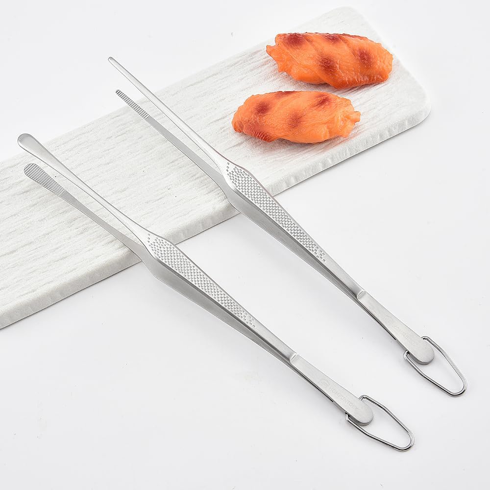 Stainless Steel Cooking Tweezers, 12-Inch Precision Kitchen Tweezers with Star Dot Texture, Wider Grip & Elevated Tips | Galaxy Grip Series, 2 Pcs (Black)