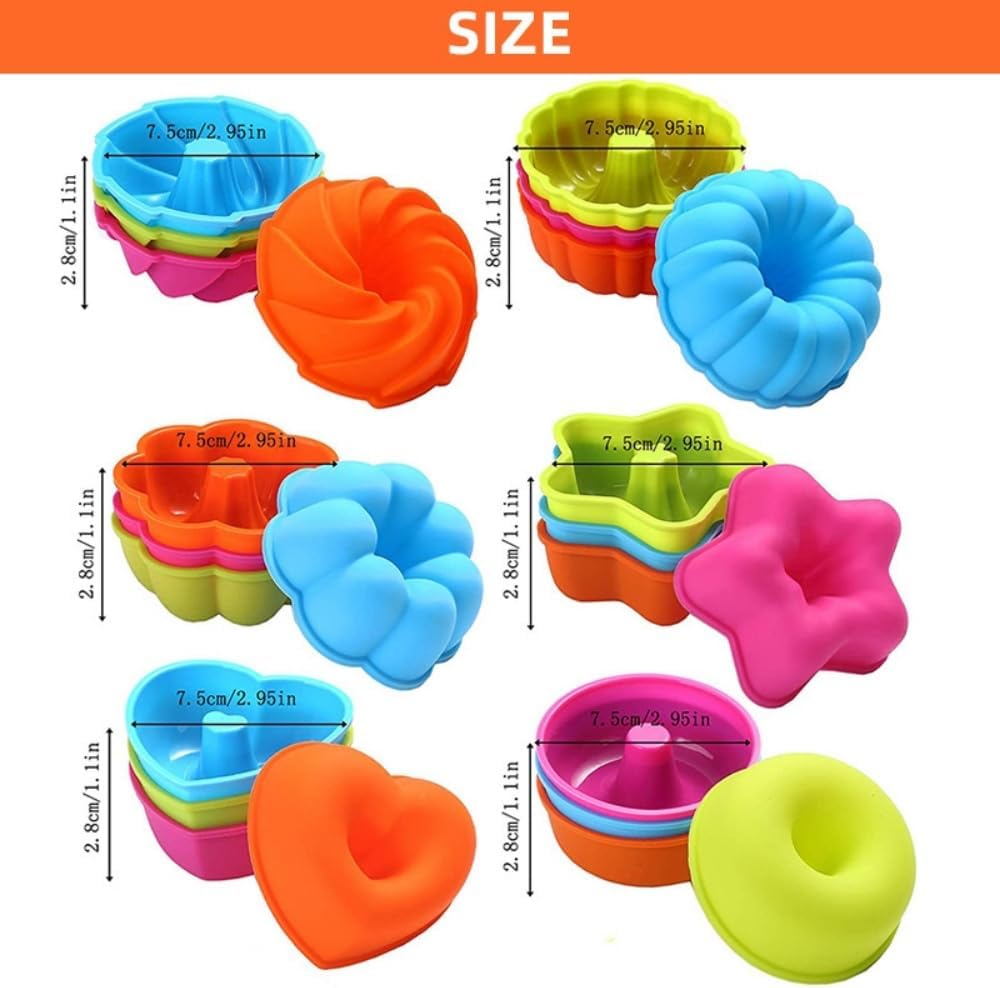 Silicone Muffin Baking Cups, 24 Pack Reusable 6 Shapes Silicone Mini Cupcake Liners for Baking, Nonstick Cupcake Liners Candy Molds Set DIY Cake Tools