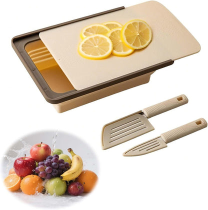 Collapsible Drainer Basket , with Colander, Cutting Board and Knives, Multifunctional Kitchen Vegetable Washing Basket, Camping sink, Gifts for Camper Kitchen Organization, Picnic Essentials (Grey)