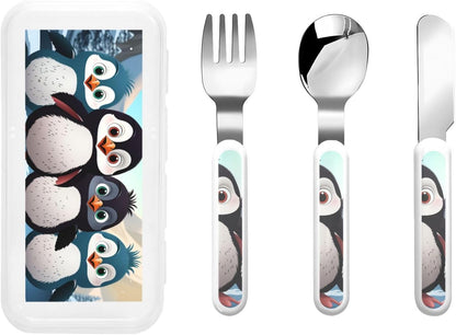 3-Piece Children Utensils Set Five cute penguins Knife Spoon Fork Set Stainless Steel Silverware Set Easy-Grip Reusable Utensils Set Child Flatware Set with Case for Lunch Travel