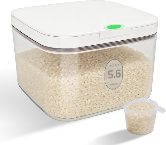 Airtight Rice Container with Measuring Cup, BPA-Free Clear PET Plastic Food Storage Container Pantry Organizers and Storage Sugar Cookies Flour Rice Container (5.6 L / 5.92 QT)