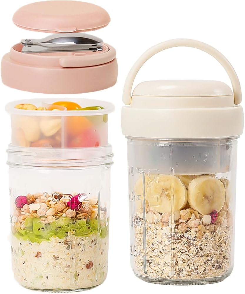 2 Pack Overnight Oats Containers with Lids and Handles, Folding Spoons & Divided Compartments for Fruit & Nuts, 16oz Mason Jars for Oatmeal Yogurt Container Chia Pudding Jars with lids (Cream 2pcs)