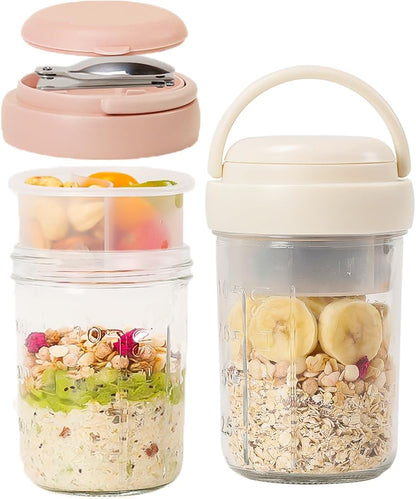 2 Pack Overnight Oats Containers with Lids and Handles, Folding Spoons & Divided Compartments for Fruit & Nuts, 16oz Mason Jars for Oatmeal Yogurt Container Chia Pudding Jars with lids (Cream 2pcs)