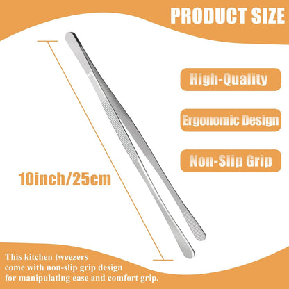 10-Inch Cooking Tweezers Pasta Tongs, Stainless Steel Kitchen Tweezer Tongs Culinary Food Tweezers for Cooking & Baking (Sliver)