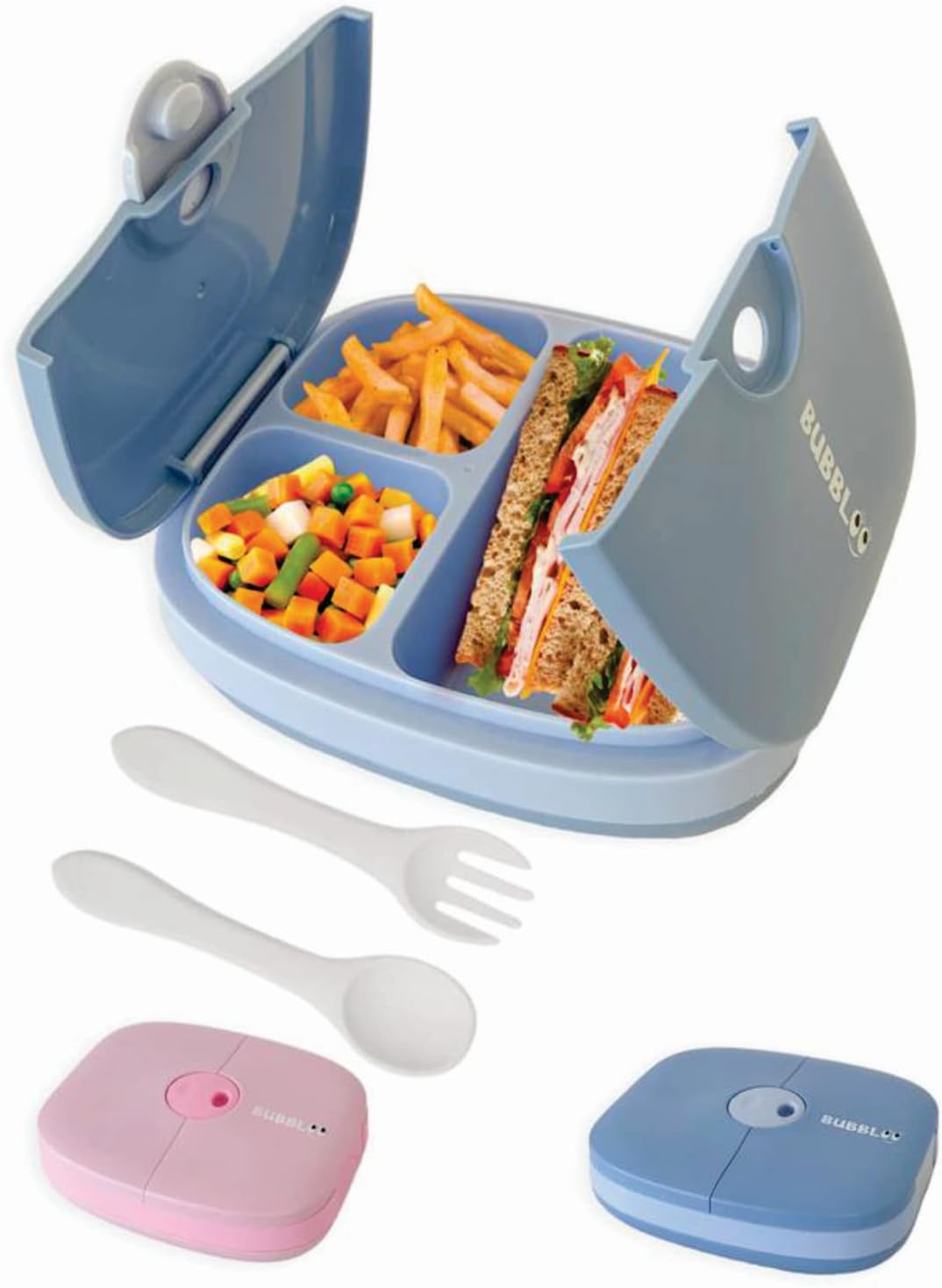 BUBBLOO Bento Box for Kids with Silverware - 3 Compartment Ideal Portion Sizes - BPA Free Removable Plastic Tray - Leak Proof Kids Lunch Box, Pink