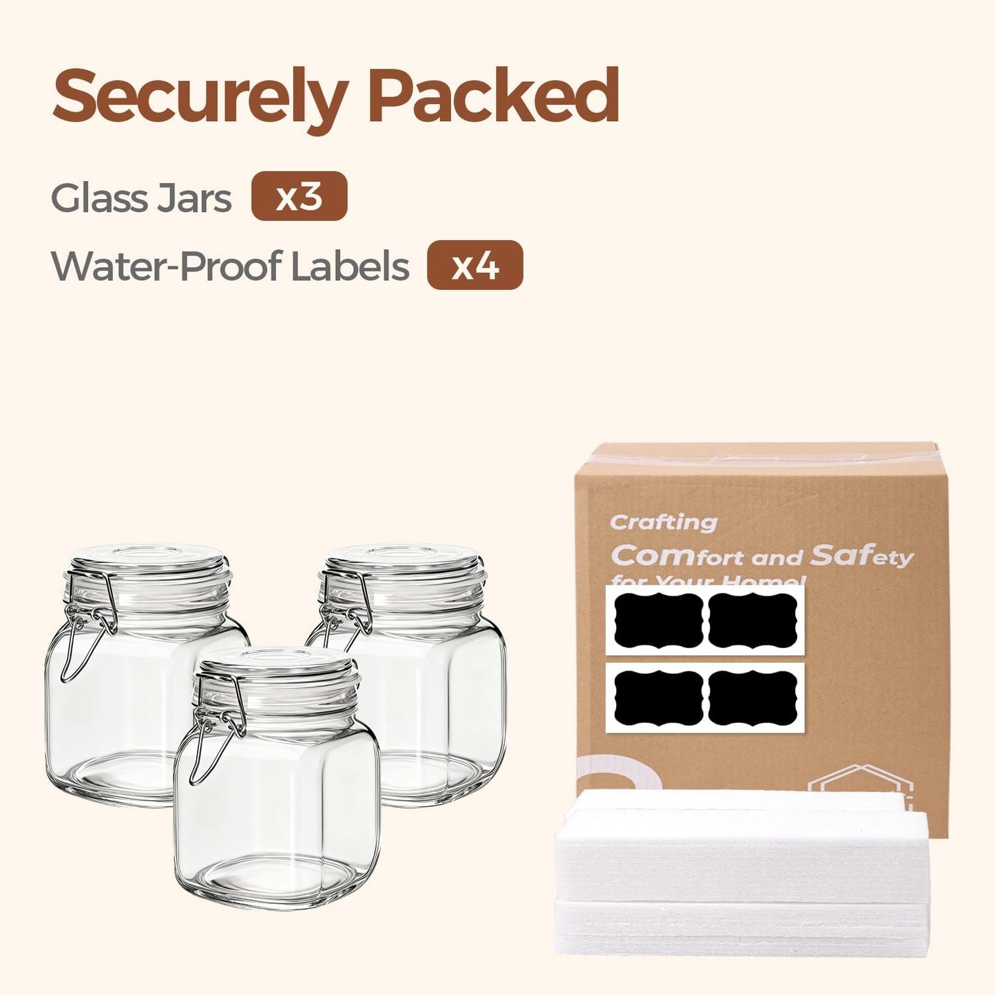 ComSaf Set of 3 Square Glass Jars with Airtight Lids (51 Oz) — Wire Clamp Canisters for Small-Batch Pickling, Kimchi, Bulk Dry Food, Wide Mouth Space Saving Kitchen Pantry Organization Jars