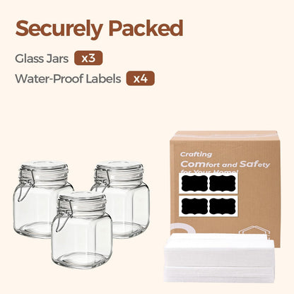 ComSaf Set of 3 Square Glass Jars with Airtight Lids (51 Oz) — Wire Clamp Canisters for Small-Batch Pickling, Kimchi, Bulk Dry Food, Wide Mouth Space Saving Kitchen Pantry Organization Jars