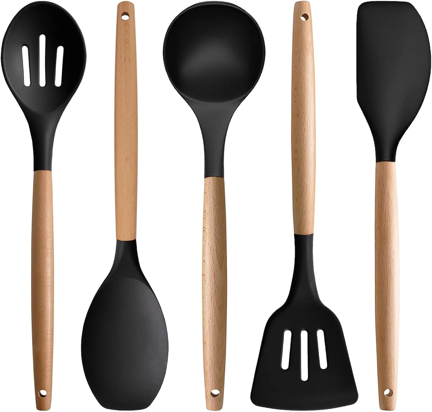 Kitchen Cooking Utensils Set, 6Pcs Silicone Kitchen Utensils Set Spatula Spoon Soup Ladle Turner, Heat Resistant Wooden Handle Silicone Cooking Gadgets for Nonstick Cookware & Baking BPA FREE