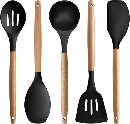 Kitchen Cooking Utensils Set, 6Pcs Silicone Kitchen Utensils Set Spatula Spoon Soup Ladle Turner, Heat Resistant Wooden Handle Silicone Cooking Gadgets for Nonstick Cookware & Baking BPA FREE
