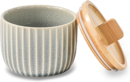 Salt Cellar Keeper with Bamboo Lid, 14oz Big Capacity Ceramic Sugar Bowls Pepper Box, Crackle Glaze Seasoning Container Condiment Pot for Kitchen (Blue Color)