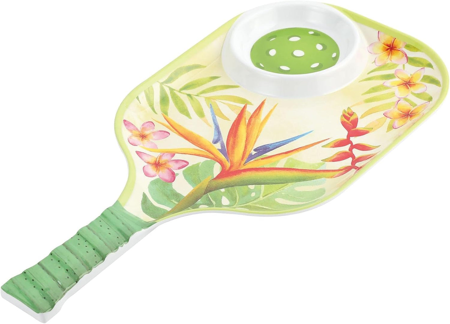 UPware Flamingo Melamine Chip and Dip Snack Tray, Tropical Floral Pickleball Paddle Shape Platter for Chips, Salsa, Fruits, and Appetizers, 15.75 x 8 Inch