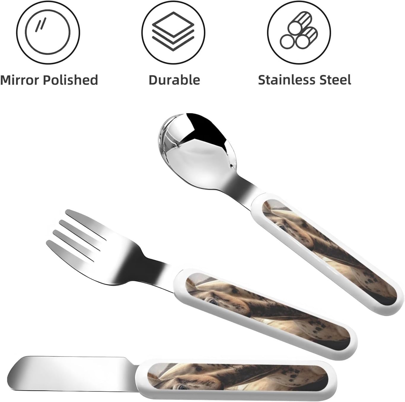 3-Piece Children Utensils Set Two horse Knife Spoon Fork Set Stainless Steel Silverware Set Easy-Grip Reusable Utensils Set Child Flatware Set with Case for Lunch Travel