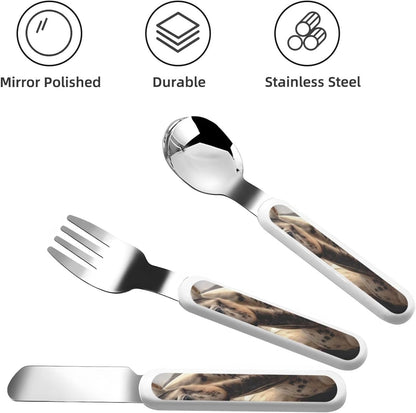 3-Piece Children Utensils Set Two horse Knife Spoon Fork Set Stainless Steel Silverware Set Easy-Grip Reusable Utensils Set Child Flatware Set with Case for Lunch Travel