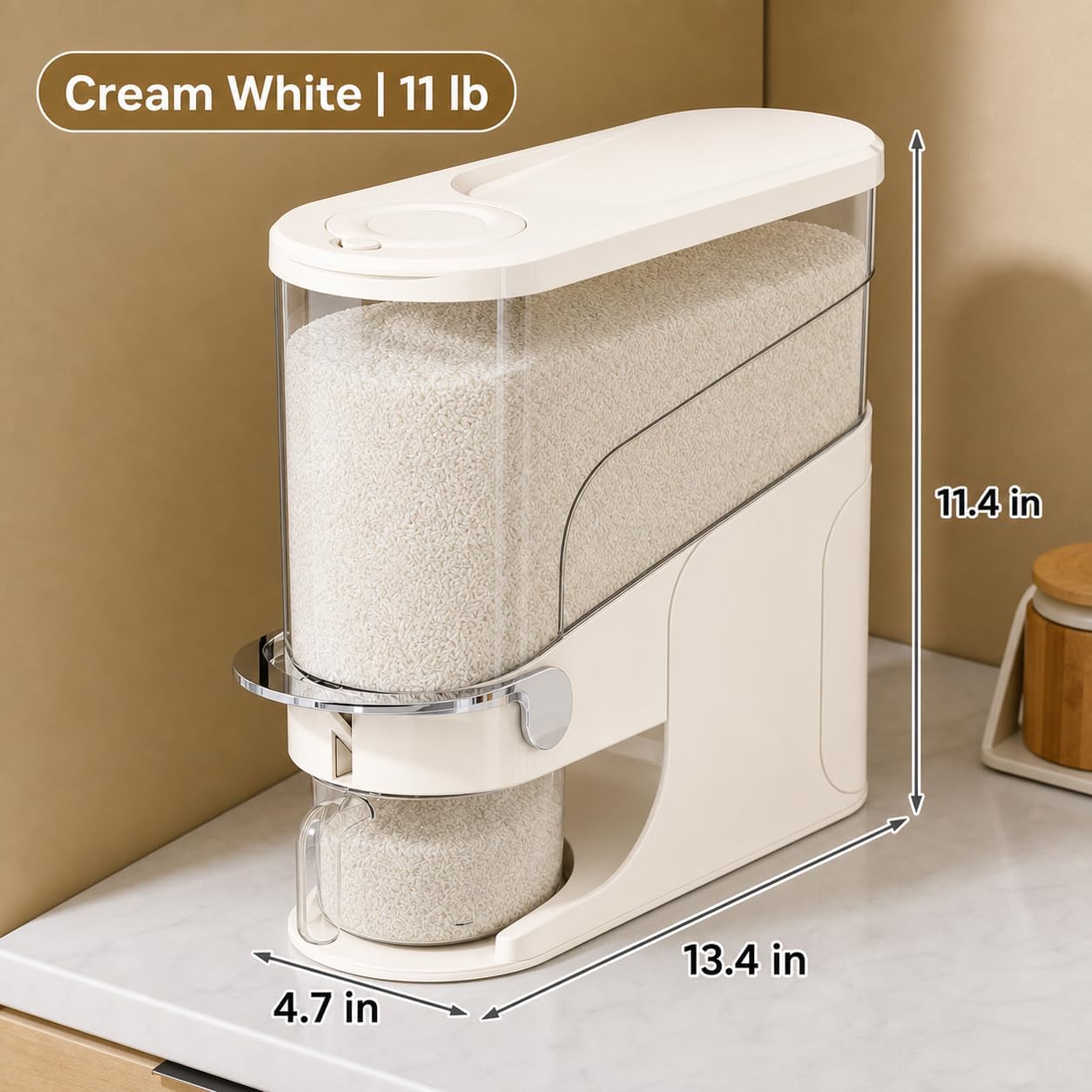 Rice Dispenser 11 Lb, Slim Rice Storage Container with Double Sealing Strip, Press to Dispense Cereal Container Airtight for Kitchen Pantry Organization, (Ivory White-11lb)