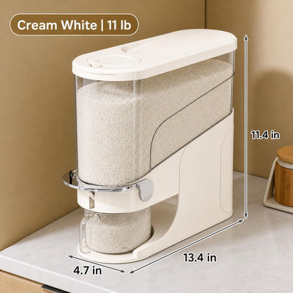 Rice Dispenser 11 Lb, Slim Rice Storage Container with Double Sealing Strip, Press to Dispense Cereal Container Airtight for Kitchen Pantry Organization, (Ivory White-11lb)