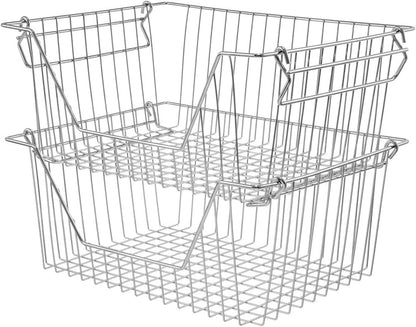 Stackable Wire Metal Baskets Sturdy Cabinet Organizer Wire Pantry Freezer Bin with Handle for Kitchen Fruit Vegetable Organization, Black, 3Packs