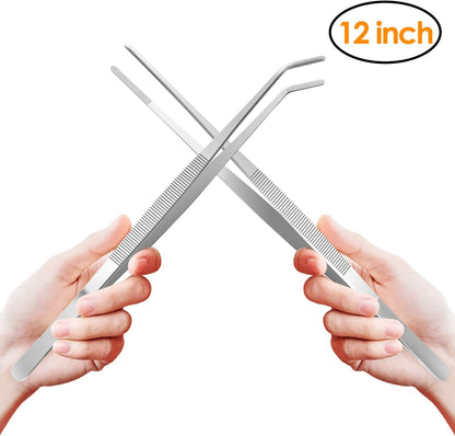 Gutsdoor Kitchen Tweezers Set Stainless Steel Tongs Tweezers Set of 2 with Precision Serrated Tips for Cooking (8 Inch Set)