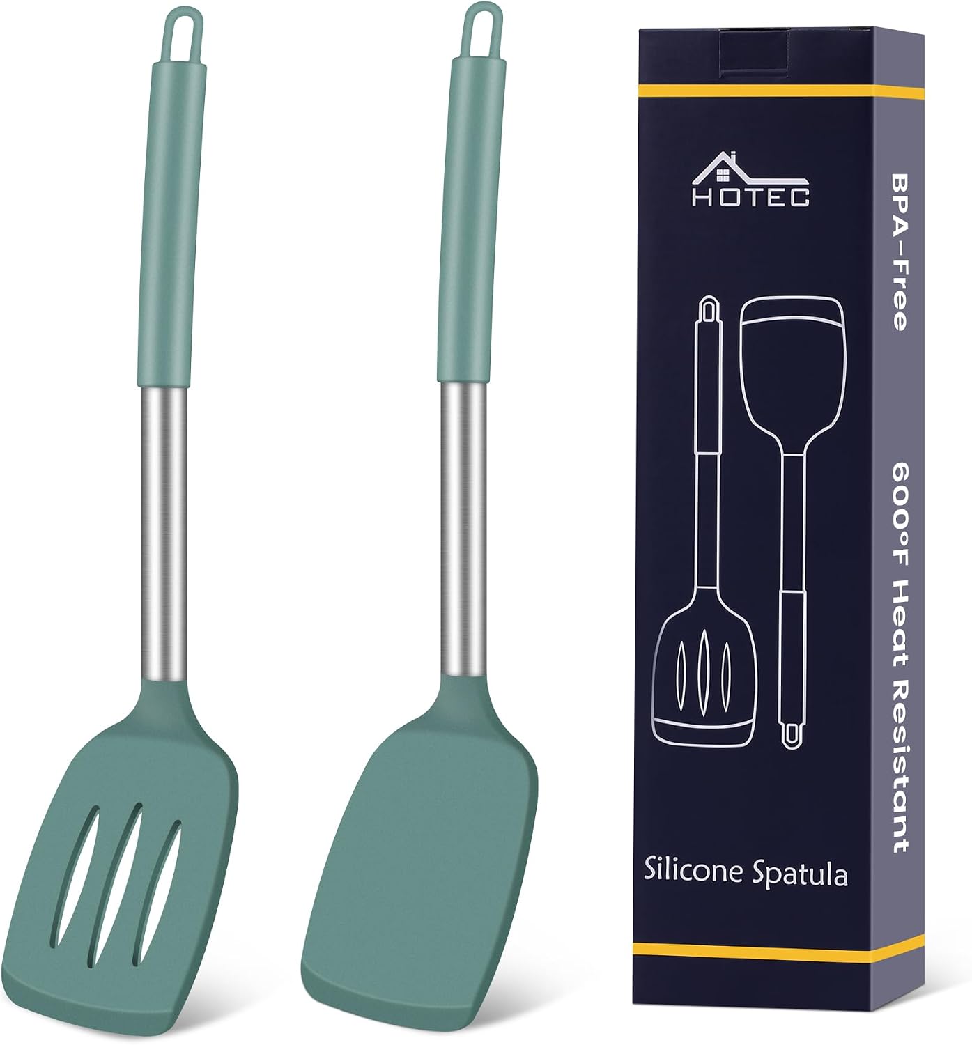 HOTEC Silicone Spatula Set of 2 Heat-Resistant 600°F & BPA-Free Kitchen SaptulaTurner with Stainless Steel Handles, Slotted & Solid Spatulas for Nonstick Cookware, 13.7 Inch, Classic Blue