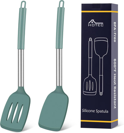HOTEC Silicone Spatula Set of 2 Heat-Resistant 600°F & BPA-Free Kitchen SaptulaTurner with Stainless Steel Handles, Slotted & Solid Spatulas for Nonstick Cookware, 13.7 Inch, Classic Blue
