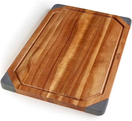 PortoFino Acacia Wood Cutting Board, 2-in-1 Reversible Cutting Board, Charcuterie Board, Premium Wood Serving Board, Built-In Juice Grooves, Non-slip Silicone Corners, Kitchen Gifts