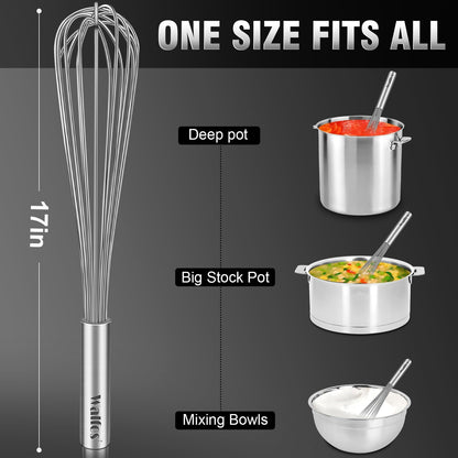 Walfos Whisk,304 Stainless Steel whisk,No-Rust 7+9+11inch Whisks for cooking Nice for Blending,Whisking,Beating.Heat resistant 600°F Dishwasher Safe. Heavy duty kitchen whisk.SILVER