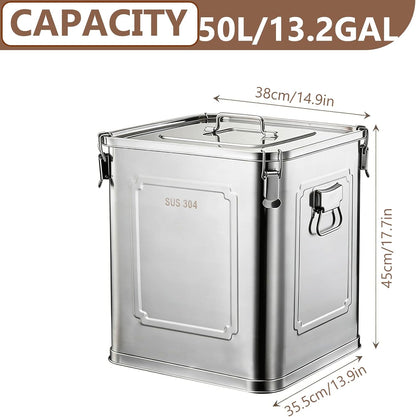 304 Stainless Steel Airtight Storage Container with Locking Clamps, Leak-Proof Square Canister for Dry & Wet Food, Heavy-Duty Storage Bin with Handles for Kitchen and Commercial Use(8.7GAL)