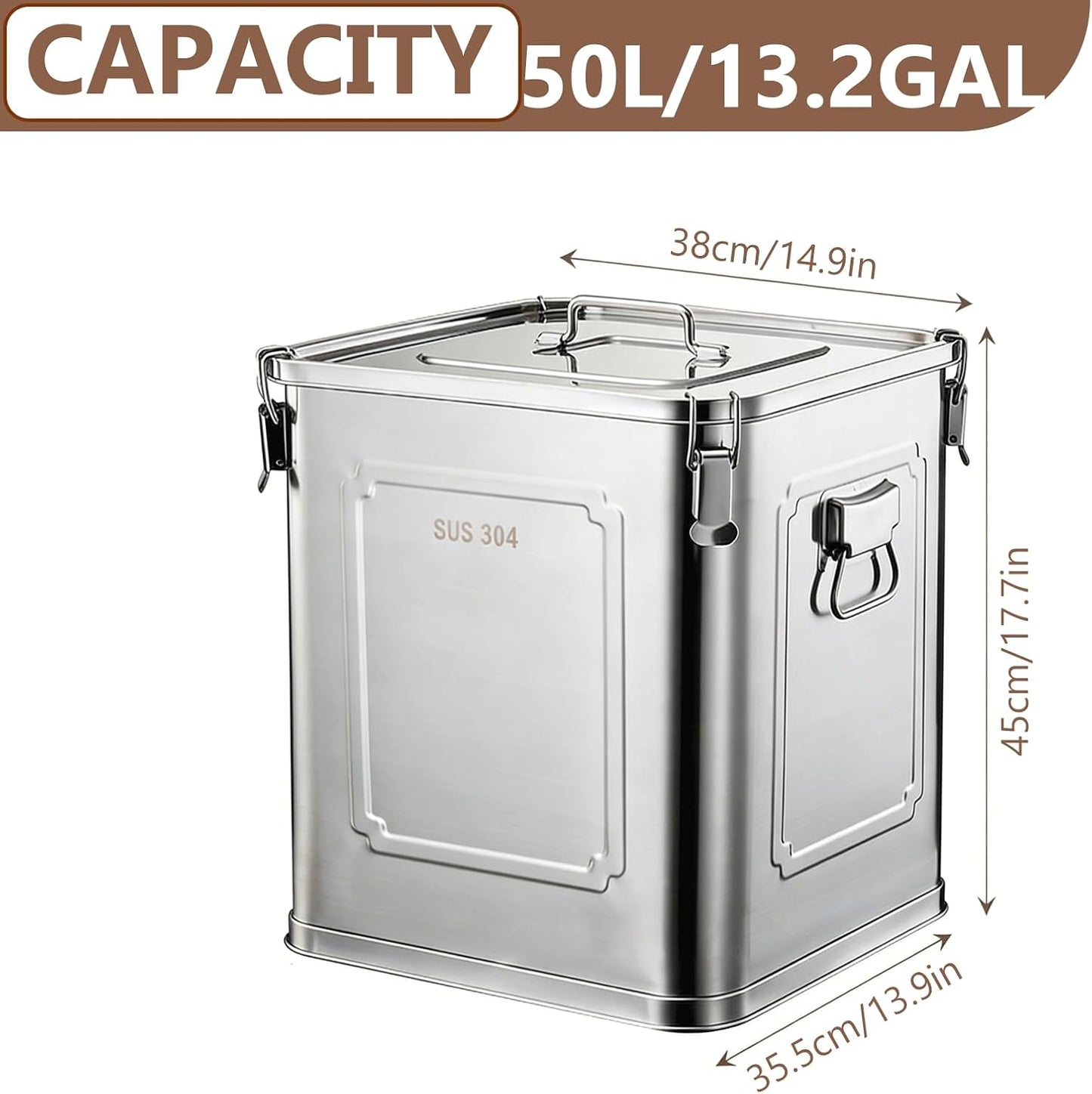 304 Stainless Steel Airtight Storage Container with Locking Clamps, Leak-Proof Square Canister for Dry & Wet Food, Heavy-Duty Storage Bin with Handles for Kitchen and Commercial Use(8.7GAL)