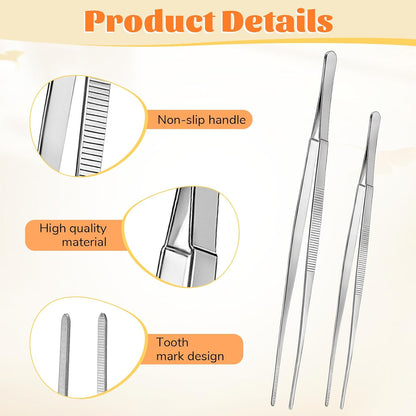 Cooking Tweezers 12 & 10 Inch Kitchen Food Tongs Stainless Steel Cooking Utensils with Precision Serrated Tips for Chef, Serving Food, Culinary, Plating