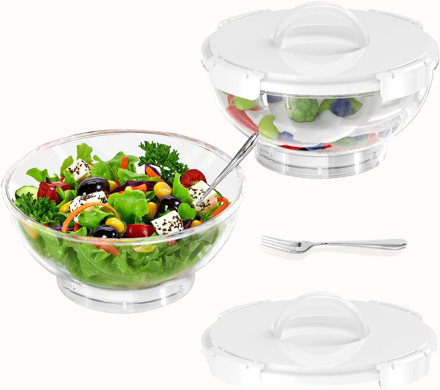 MANO 2pack Large Iced Salad Bowl with Lid and Utensils to Go Ice Chilled Food Serving Containers with Handles for Fruit Veggie Storage for Fridge Refrigerator Party Camping, Picnic, Beige