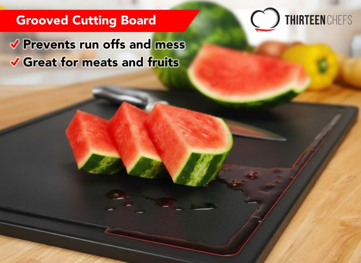 Thirteen Chefs 18x12 White Cutting Board with Groove, 1/2" Thick Plastic