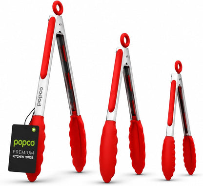 Popco 3 Piece Kitchen Tongs Set 7, 9, 12 Inch - Stainless Steel Nonstick Tongs with Silicone Tips - Heat Resistant and Dishwasher Safe for Cooking, Grilling, Salad, and Everyday Serving