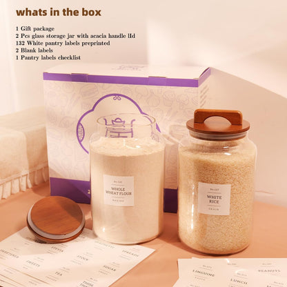 2 Pack Large Glass Flour and Sugar Containers with 132 Pantry Labels - 64 FL OZ Glass Canisters with Bamboo Airtight Lids - Farmhouse Glass Cookie Jars for Rice, Pasta, Cereal, Bath Salt