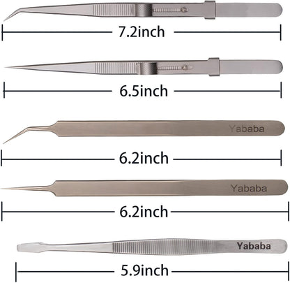 Tweezers, 5 Pcs Precision Tweezers Set, Anti-Static Stainless Steel Long Tweezers Kit for Electronics, Laboratory Work, Jewelry-Making, Craft, Soldering, Hobby, Watches, Car Machines Repair Etc
