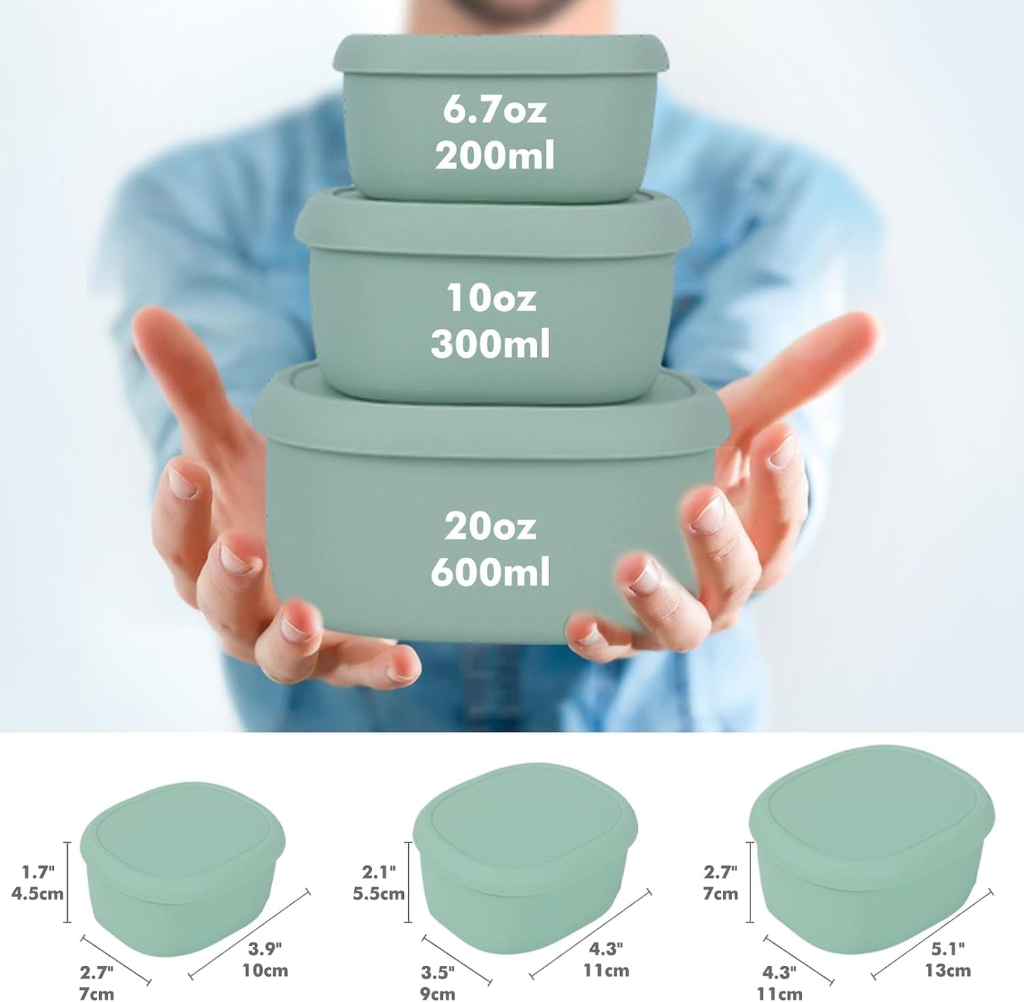 Anatole Silicone Food Storage Lunch Bento Box Set of 3 Reusable Nesting Containers with Lids BPA Free Dishwasher Microwave Oven Freezer Safe Leakproof (6.7oz, 10oz, 20oz)