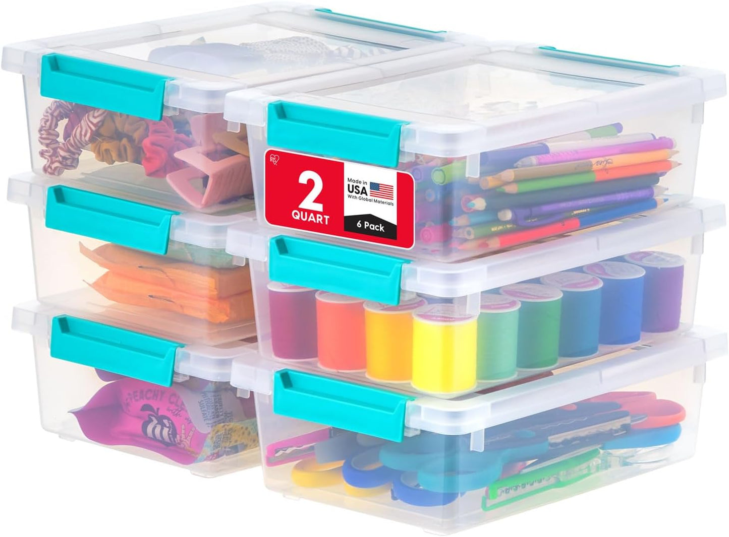 IRIS USA 12 Qt. Craft Storage Bins with Lids, 4-Pack, |Made in USA|, Clip Box, Medium Plastic Sensory Bin Tote Organizer Containers for Art Supplies, Paper, & Office, Stackable - Clear/Seafoam Blue