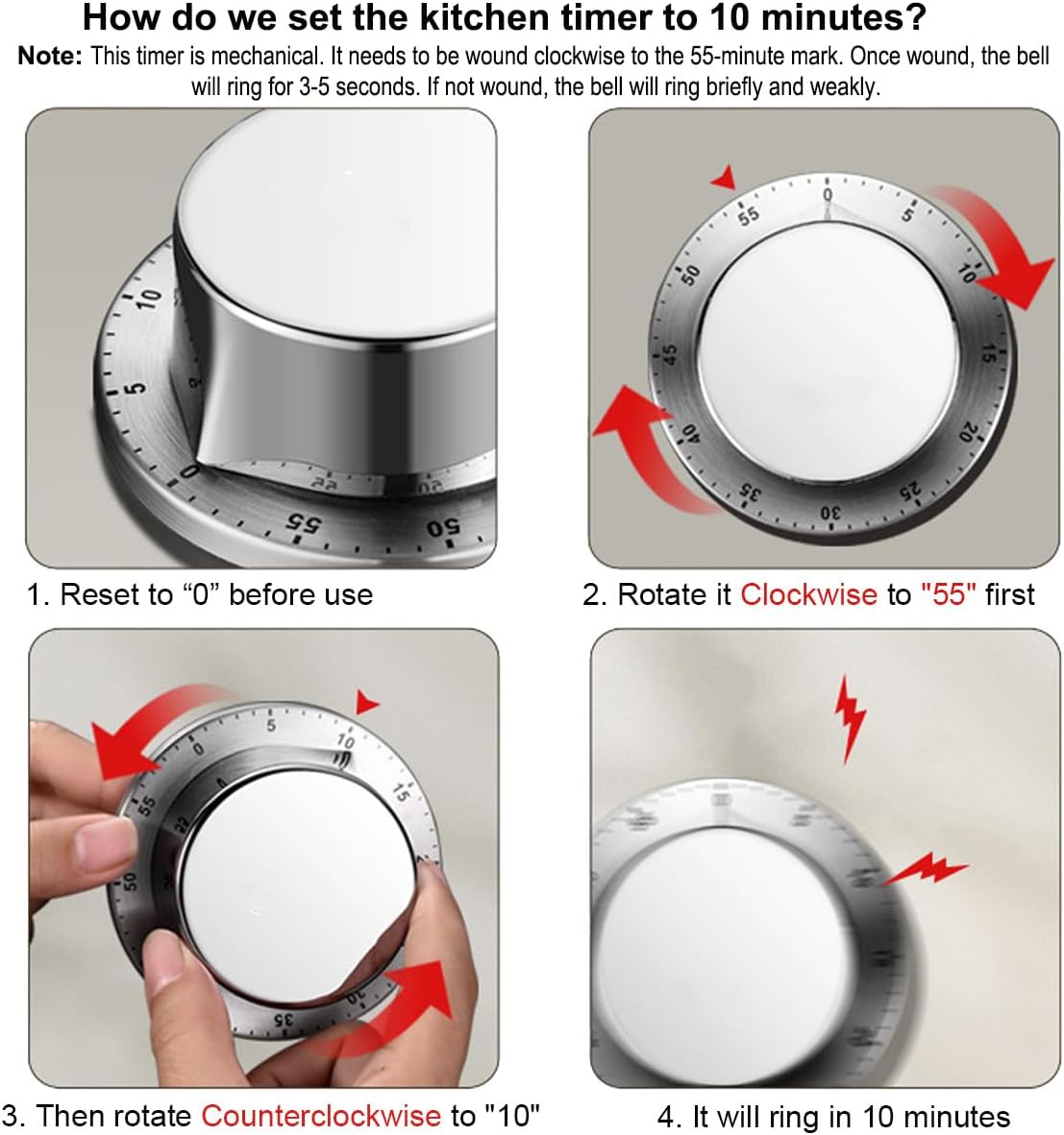 Mechanical Kitchen Timer Countdown Magnetic Stainless Steel for Egg Cooking