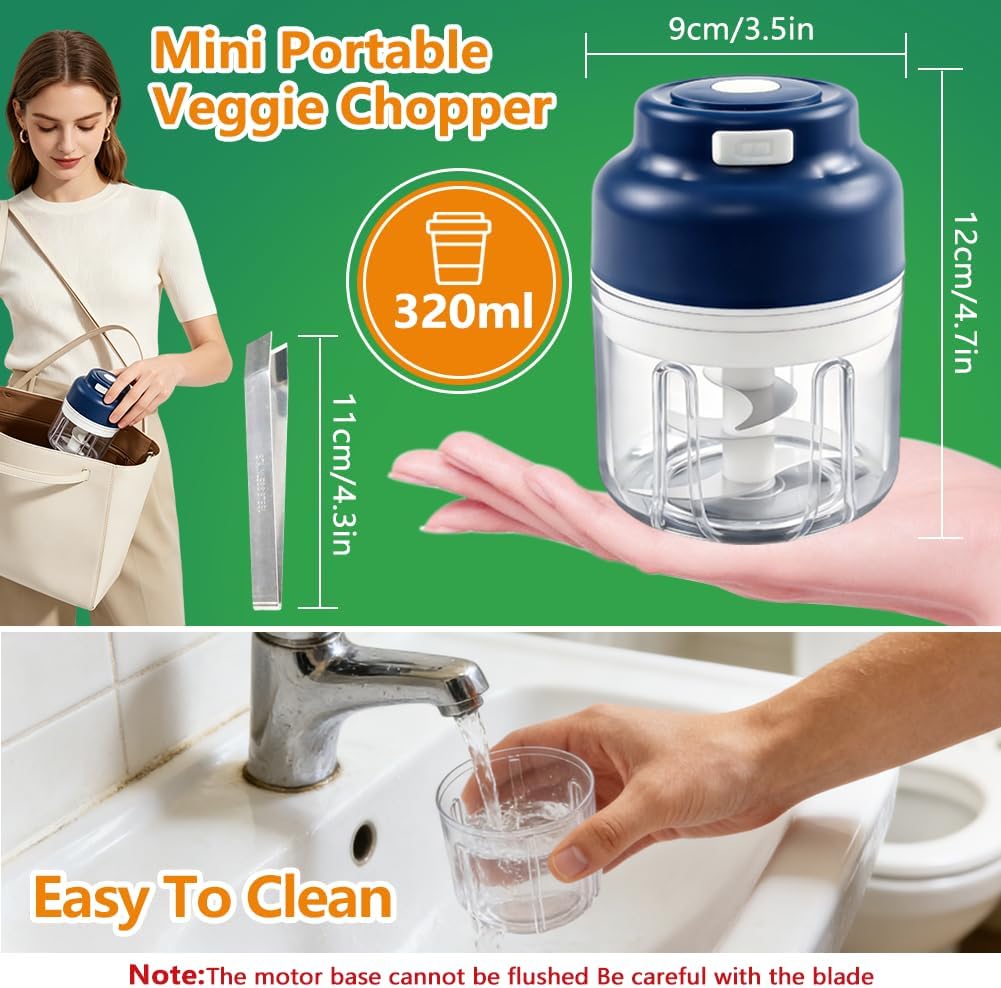 Electric Garlic Chopper, Upgrade 6 Blades, 320ML Wireless Food Processor, Mini Grinder for Kitchen,Mashing Nuts Chili Onion Minced Meat and Spices USB Rechargeable